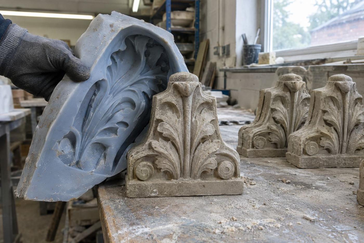 Hands peeling a flexible silicone mould away from a detailed cast relief panel.