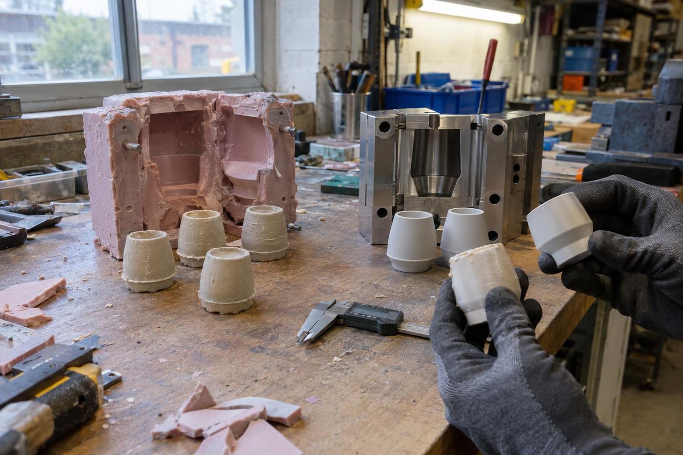 Clear silicone being poured from a mixing jug into a timber mould box around a carved pattern.