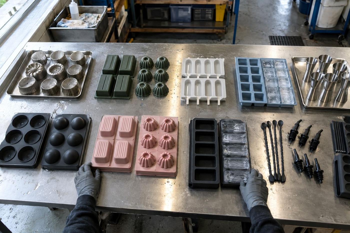 A pastry chef turning chocolate domes out of a silicone mould in a professional kitchen.