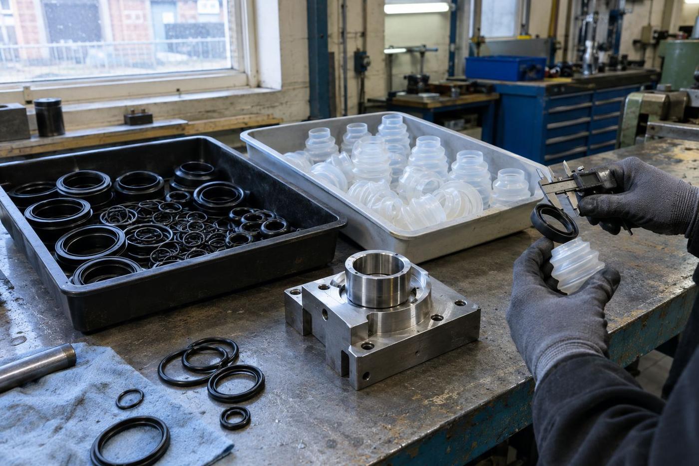 Gloved hands holding an overmoulded rubber part beside a steel tool.