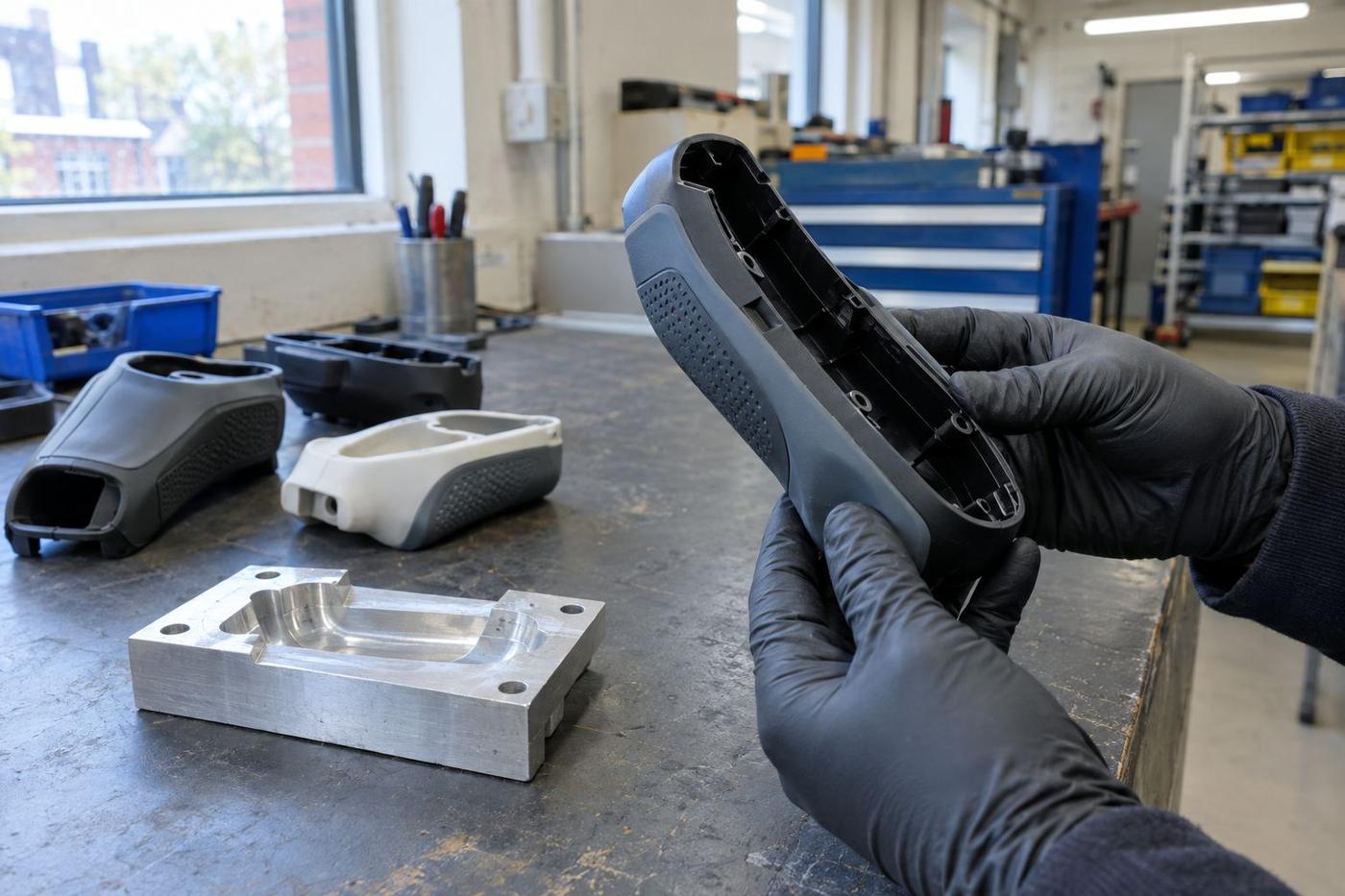 A technician in cleanroom clothing inspecting silicone parts beside a moulding machine.