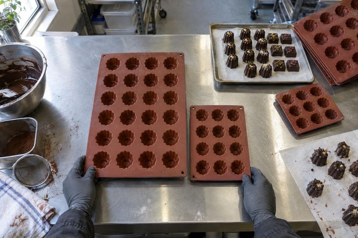 A pastry chef turning chocolate domes out of a silicone mould in a professional kitchen.