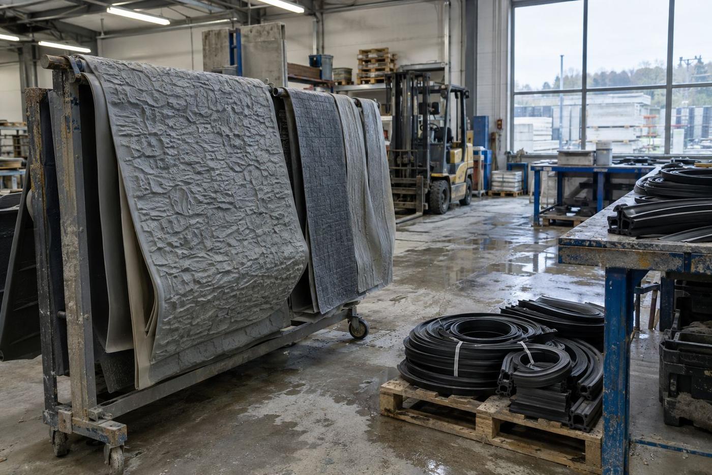 An operative guiding a large ribbed formliner beside a precast concrete panel.