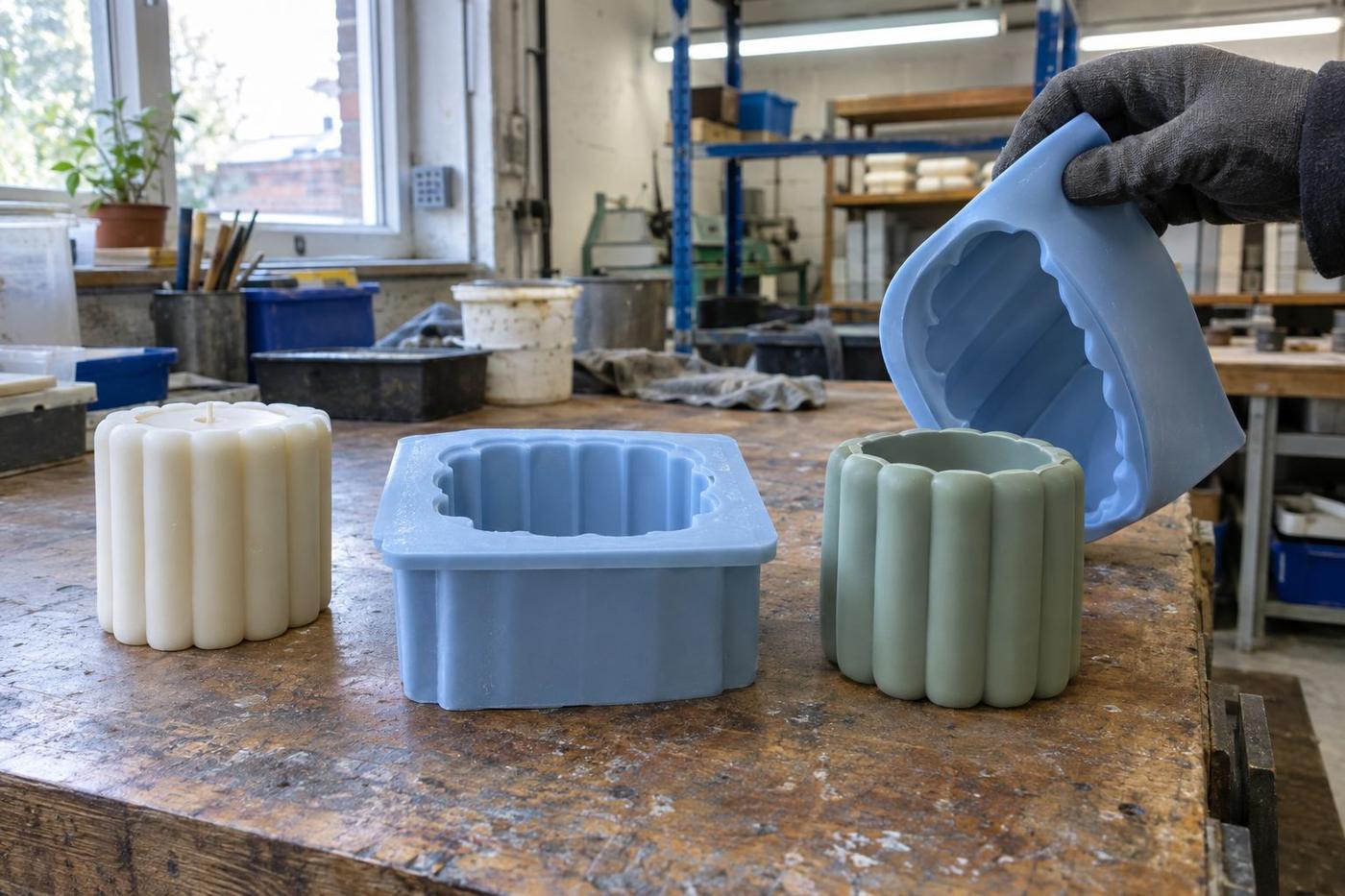 Candles and beeswax blocks on a workshop bench.