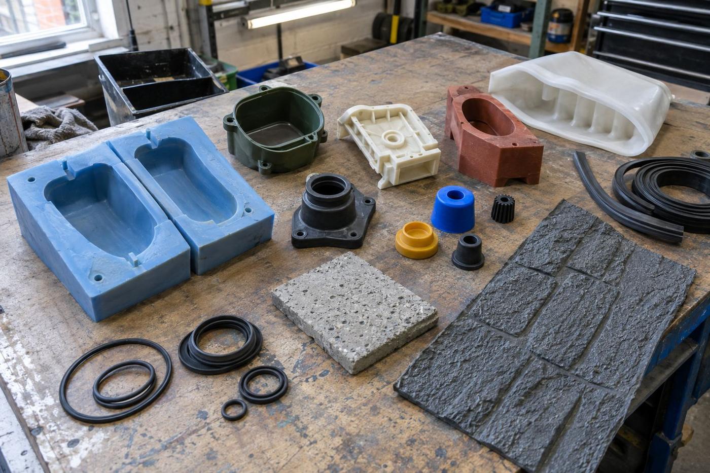 Mixed sample parts and mould sections arranged on a worn table.