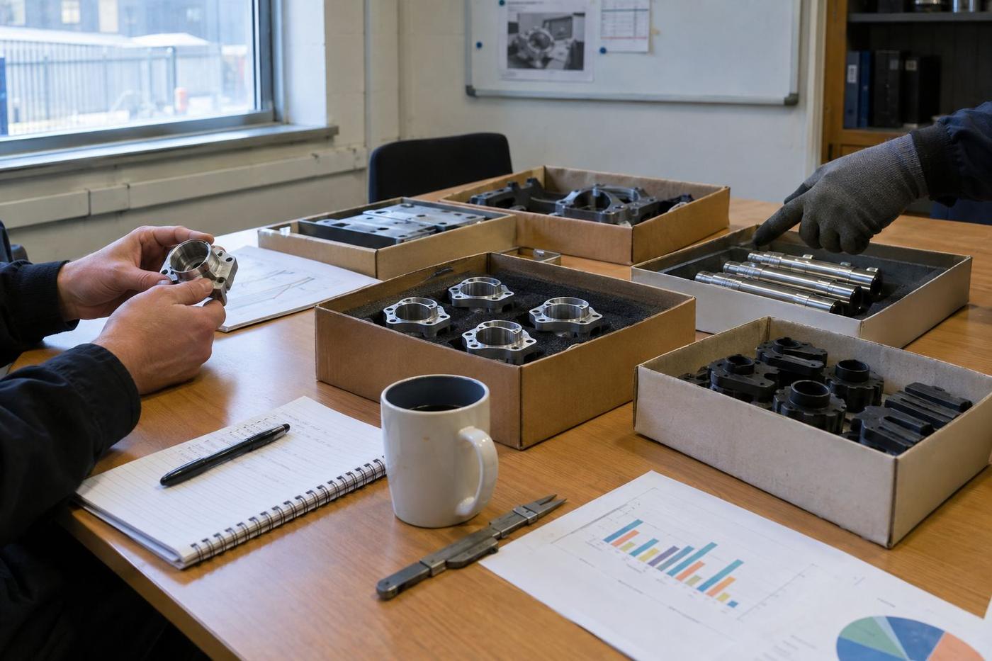 A moulded seal being measured with digital calipers on an inspection bench.