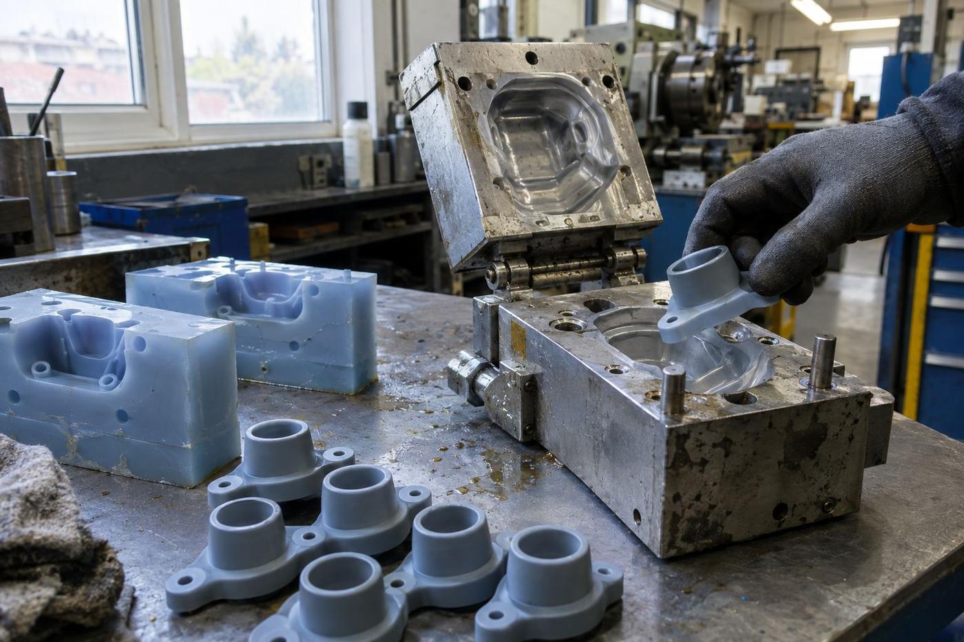 Aluminium mould tools and coloured cast masters on a workshop bench.