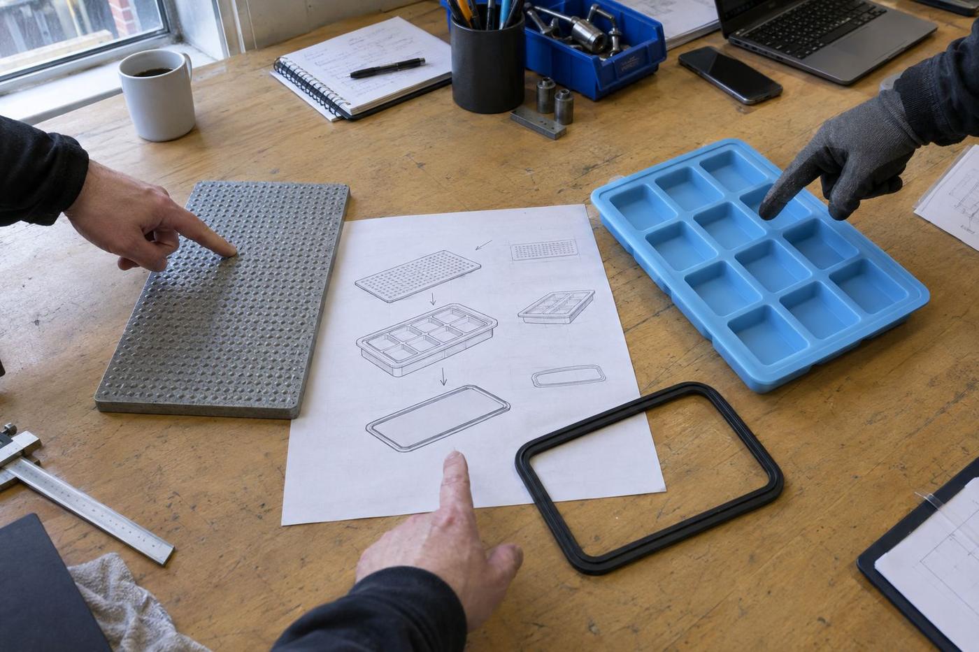 A buyer at a desk with a silicone tray, a formliner sample, a gasket and a candle laid out on drawings.