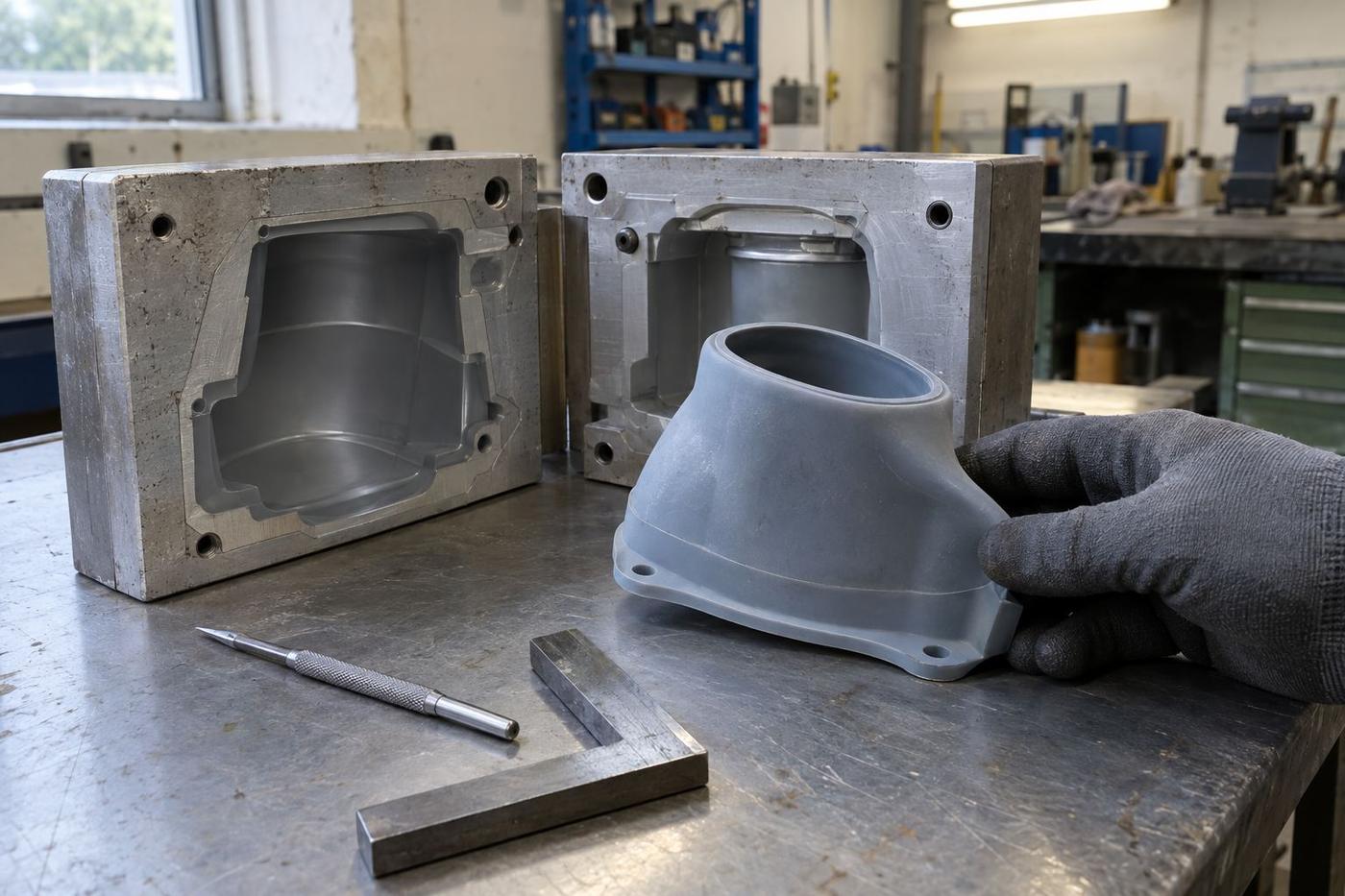 Two engineers reviewing a moulded part beside a machined tool and marked-up drawings.