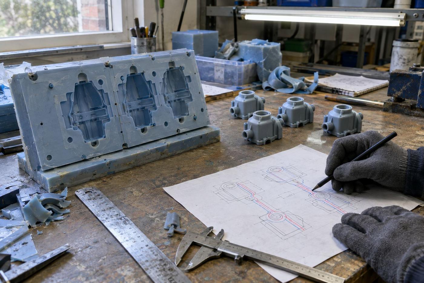 Technician in cleanroom clothing inspecting silicone parts beside a moulding machine.
