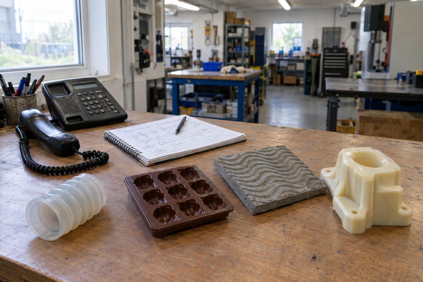 A buyer considering samples from four divisions laid out on a desk.