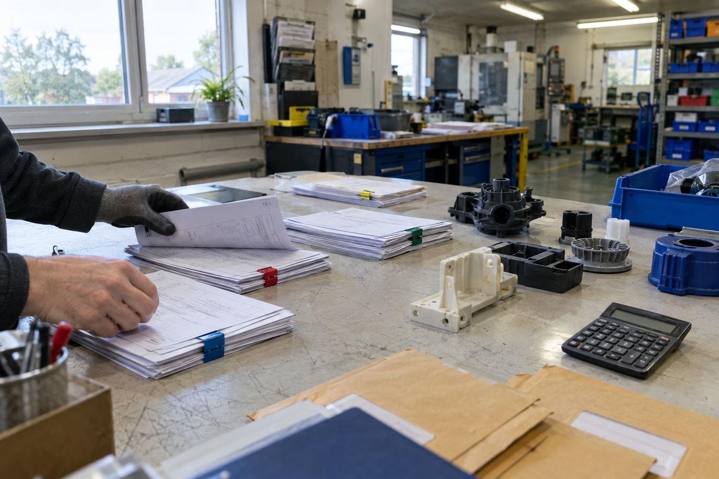 Samples from four divisions laid out on a desk beside technical drawings.