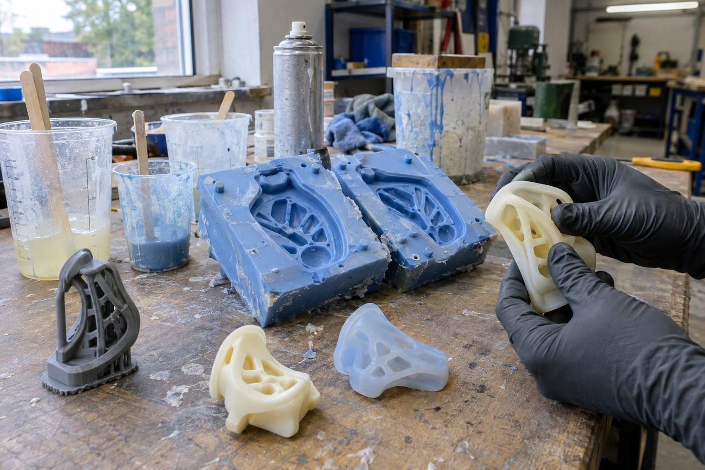 Clear silicone being poured from a mixing jug into a timber mould box around a carved pattern.