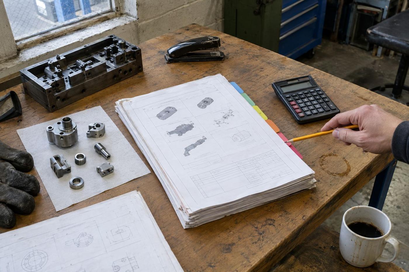 Engineer preparing a mould design at a desk with drawings and an aluminium tool.