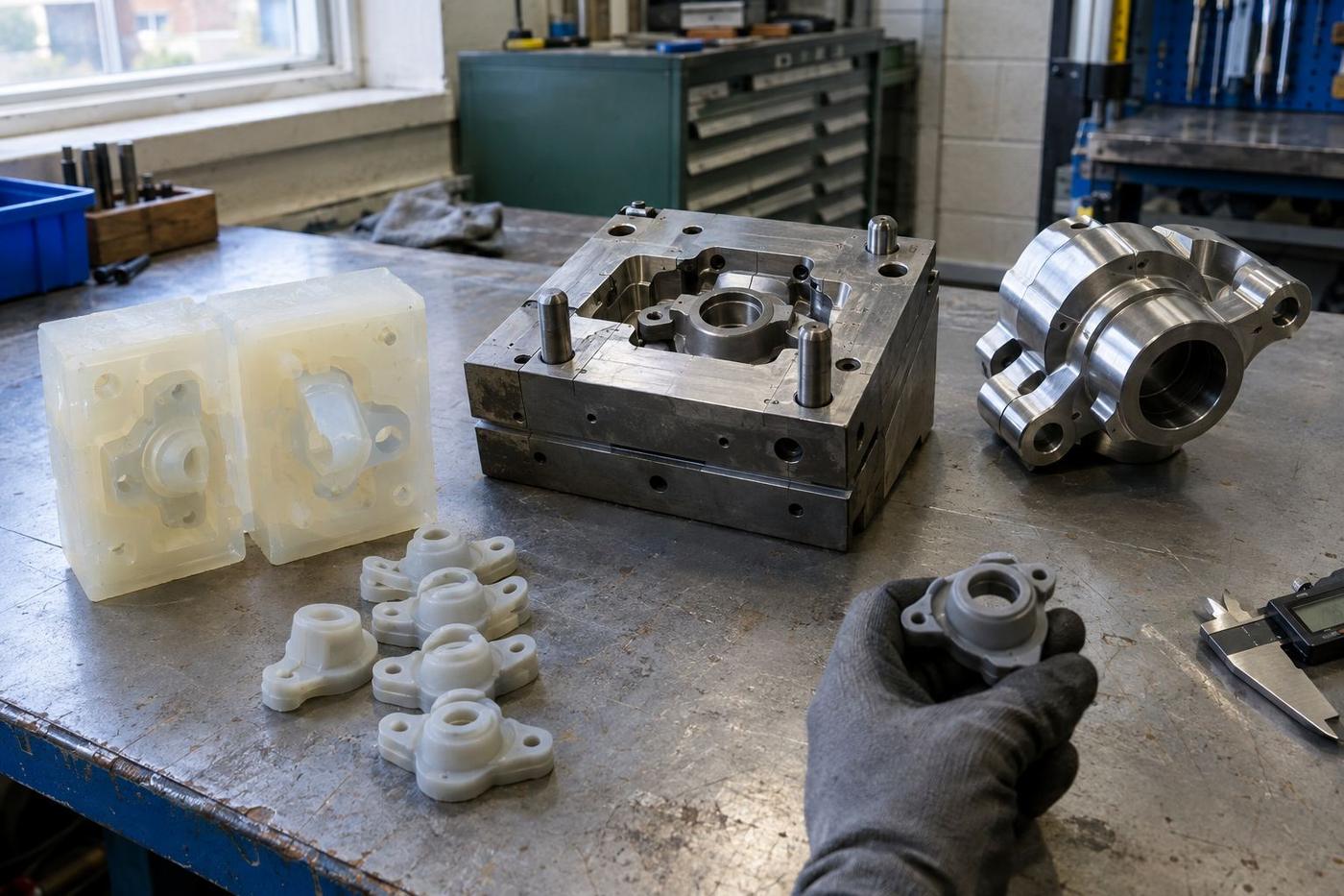 Engineers examining a moulded component beside an aluminium tool and printed drawings.