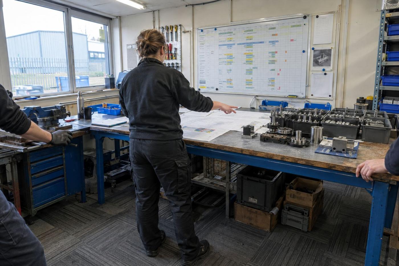 An engineer and a project lead reviewing a model on a laptop beside moulded samples.
