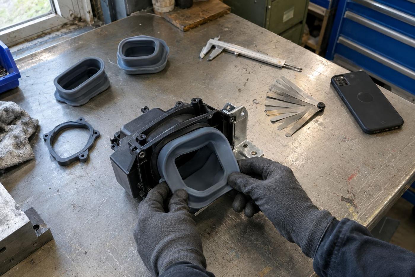 Engineer working on a mould design at a desk with a machined tool and drawings beside him.