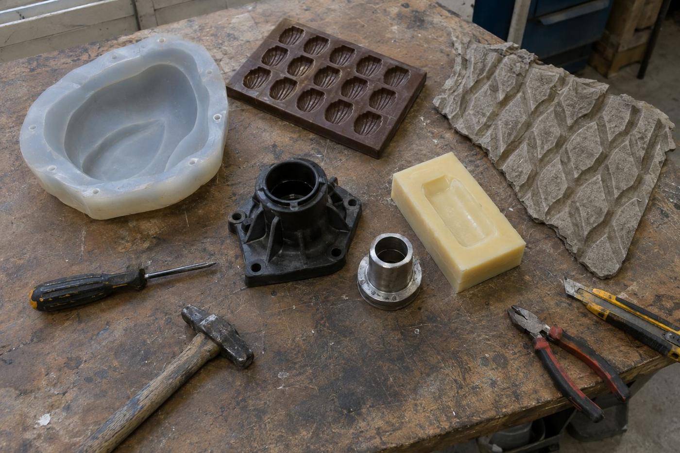 A buyer at a desk considering a silicone tray, a formliner sample, a rubber gasket and a candle laid out on drawings.
