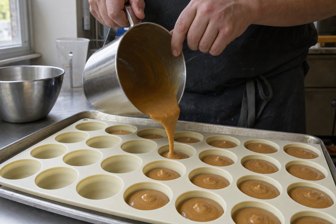 Batter being poured into a multi-cavity silicone baking tray.